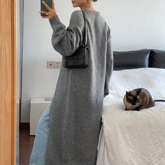 Grey Women's Casual Split Hem Knit Sweater Top - Picture 2 of 7